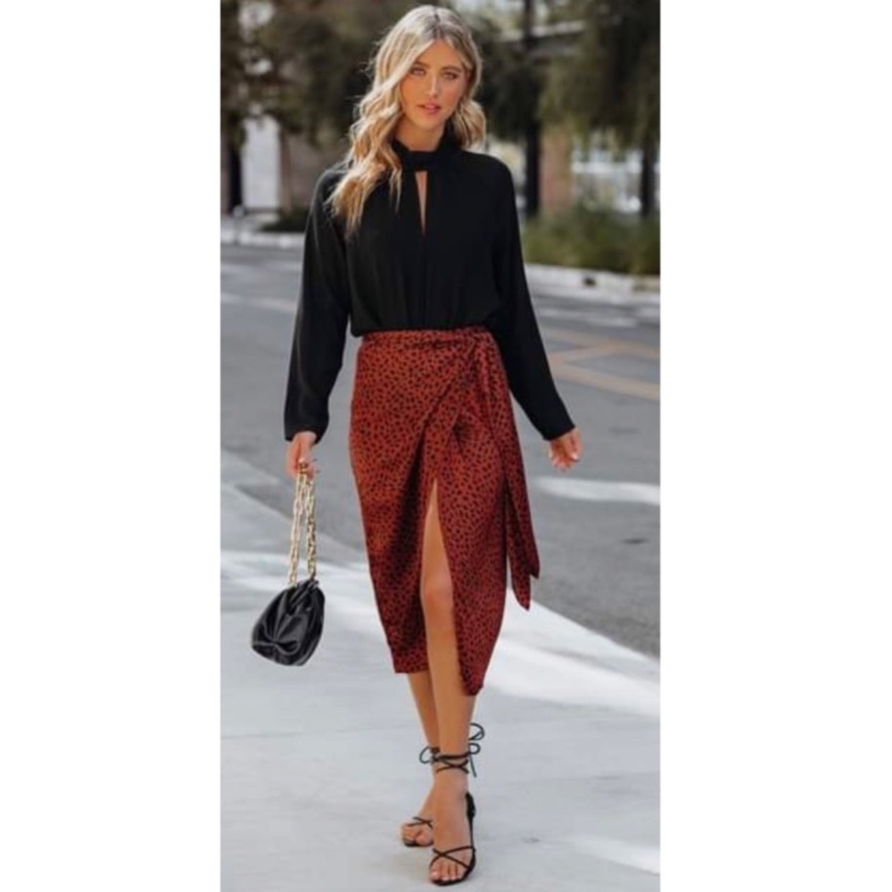 VICI avianna satin printed wrap midi skirt